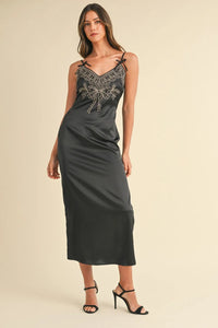 Mable Embroidered Cami Satin Midi Slit Dress - Brittney MADE