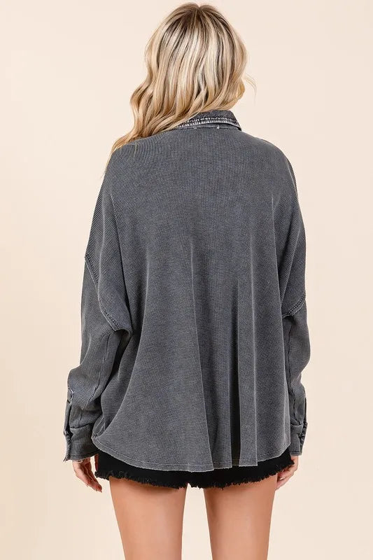 Mittoshop Mineral Wash Waffle Knit Collared Neck Henley Top - Brittney MADE