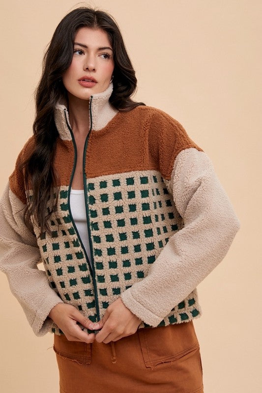 Annie Wear Plaid Zip Up Drop Shoulder Sherpa Jacket - Brittney MADE