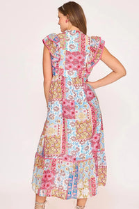 Umgee Full Size Tie Neck Double Layered Ruffle Sleeve Midi Dress Plus Size - Brittney MADE