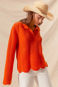 SO ME Notched Collar Wavy Texture Sweater Top - Brittney MADE