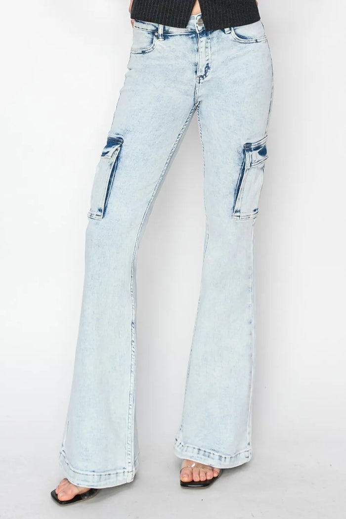 RISEN Full Size High Rise Cargo Flare Jeans - Brittney MADE