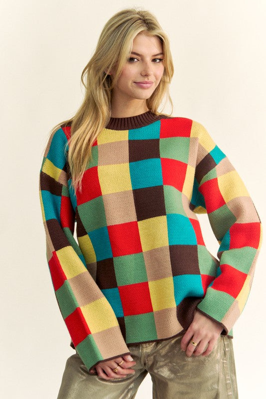 Davi & Dani Color Block Checkered Dropped Shoulder Sweater - Brittney MADE