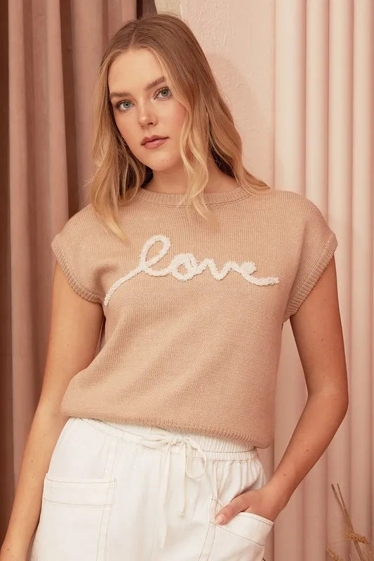 Mittoshop Contrast Letter Round Neck Cap Sleeve Knit Top - Brittney MADE