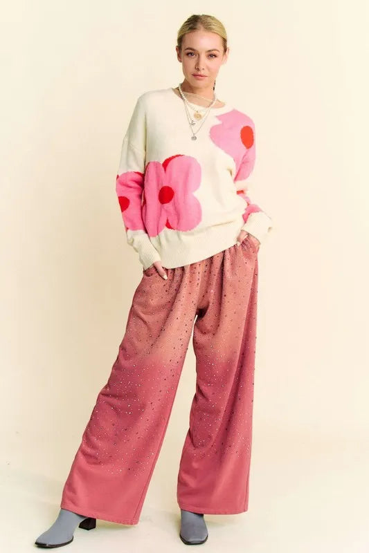 Davi & Dani Rhinestone Drawstring Wide Leg Pants - Brittney MADE