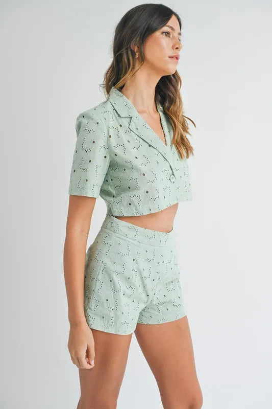 MABLE Eyelet Short Sleeve Crop Top and Shorts Set - Brittney MADE
