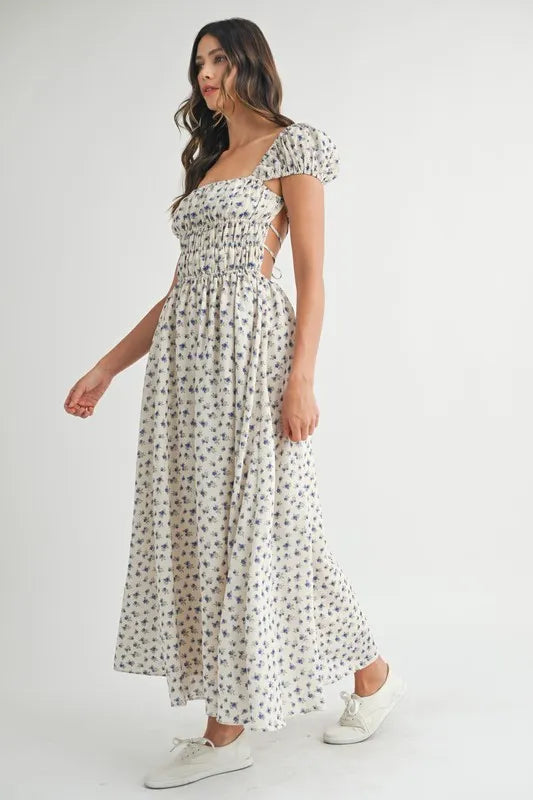 MABLE Floral Print Puff Sleeve Gathered Midi Dress - Brittney MADE