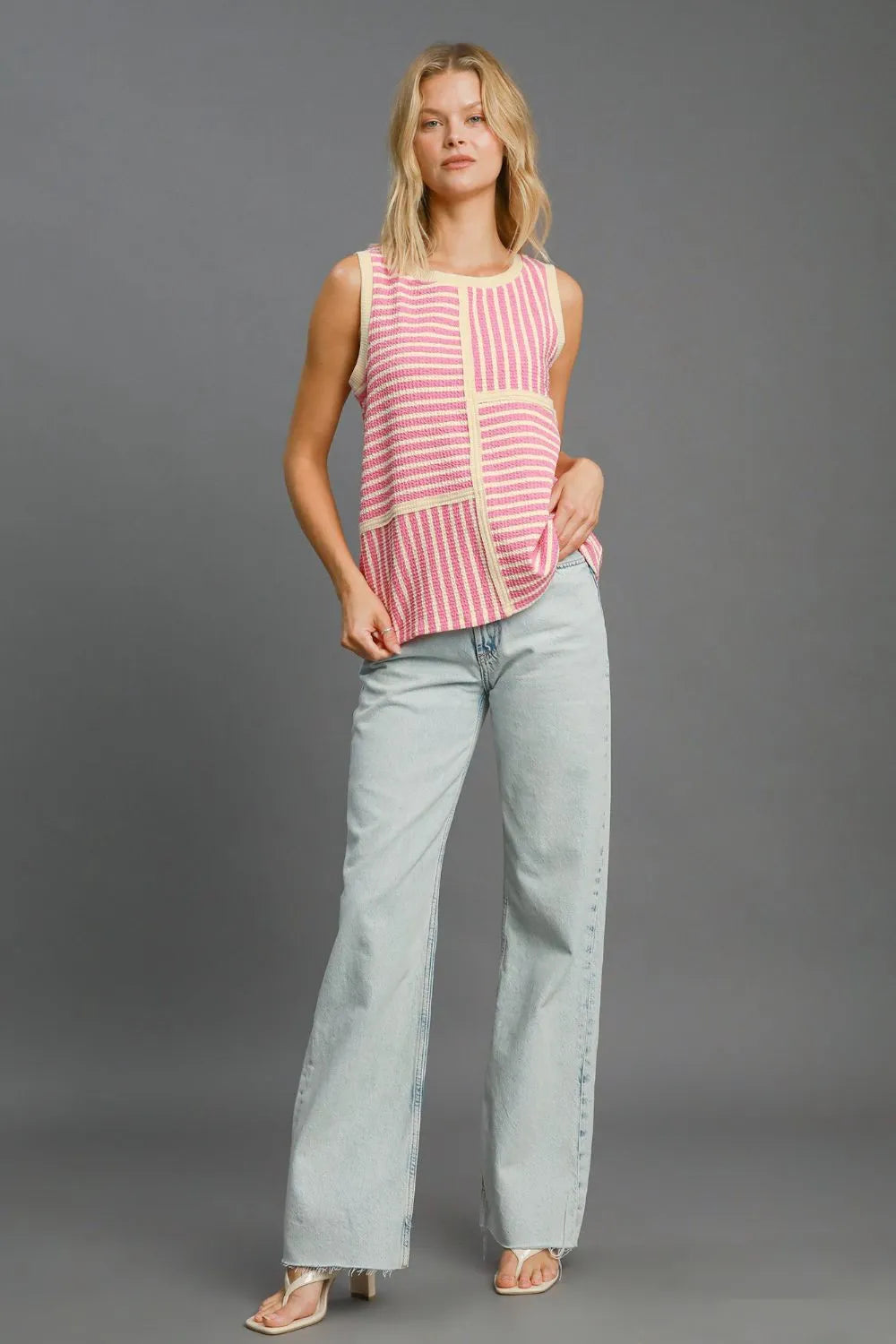 Umgee Round Neck Texture Striped Tank - Brittney MADE