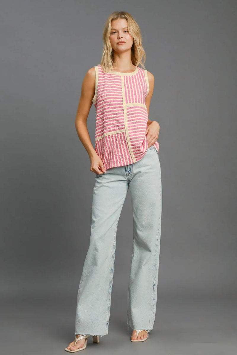 Umgee Round Neck Texture Striped Tank - Brittney MADE
