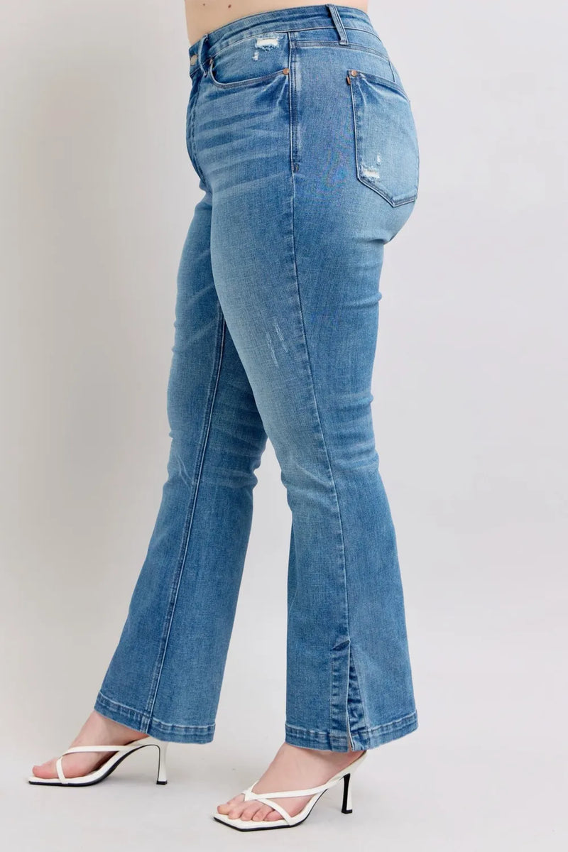 Judy Blue HW Tummy Control Vintage Wash Side Slit Slim Boot Jeans - Brittney MADE