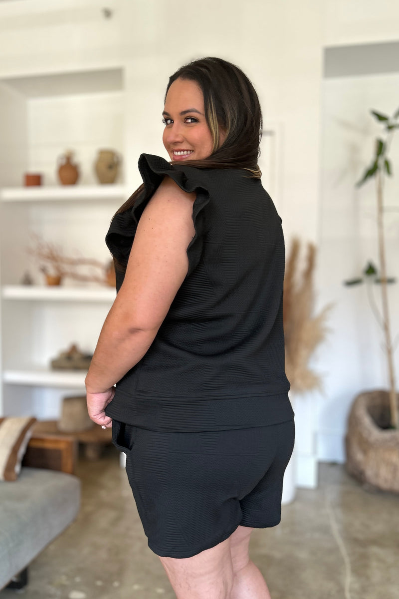 Double Take Full Size Texture Flounce Sleeve Top and Shorts Set - Brittney MADE
