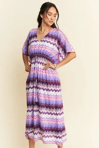 Davi & Dani Multi Color Wavy Tie Waist Flowy Sleeve Dress - Brittney MADE