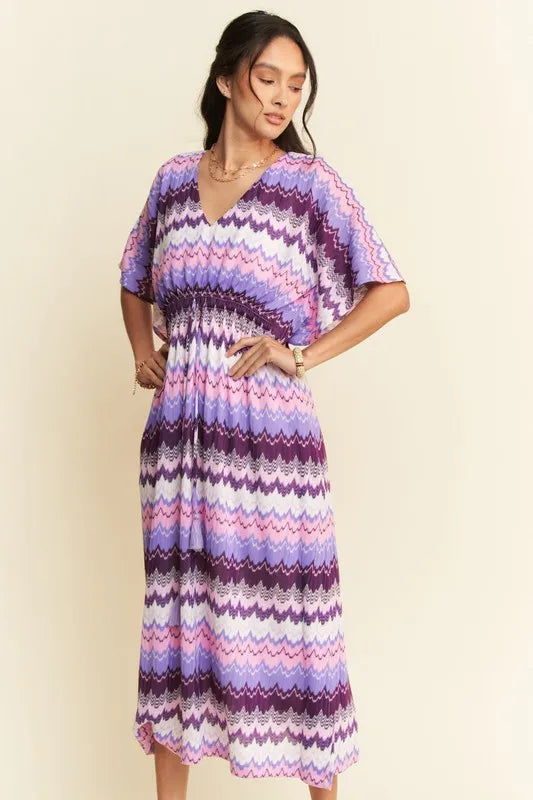 Davi & Dani Multi Color Wavy Tie Waist Flowy Sleeve Dress - Brittney MADE