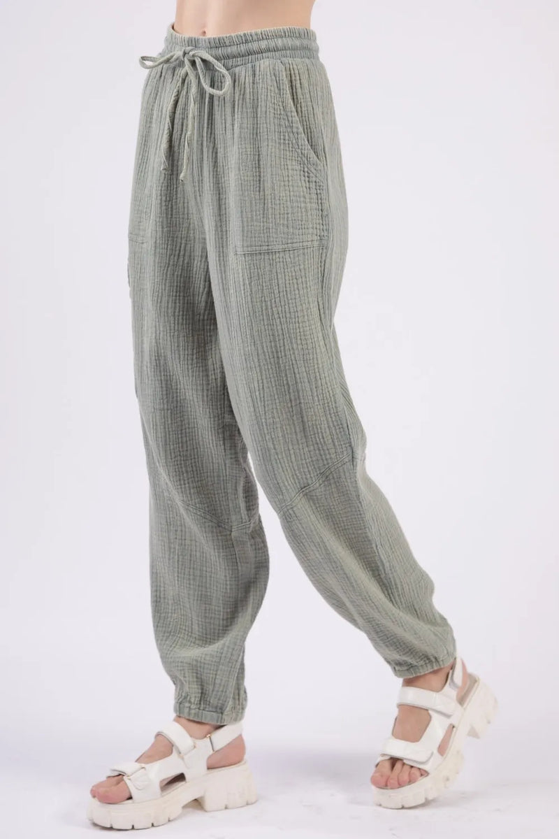 VERY J Washed Woven Crinkle Gauze Drawstring Pants - Brittney MADE