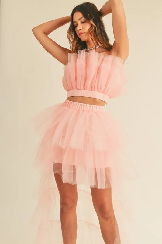 MABLE Tulle Tube Ruffle Crop Top and High Low Maxi Skirt Set - Brittney MADE