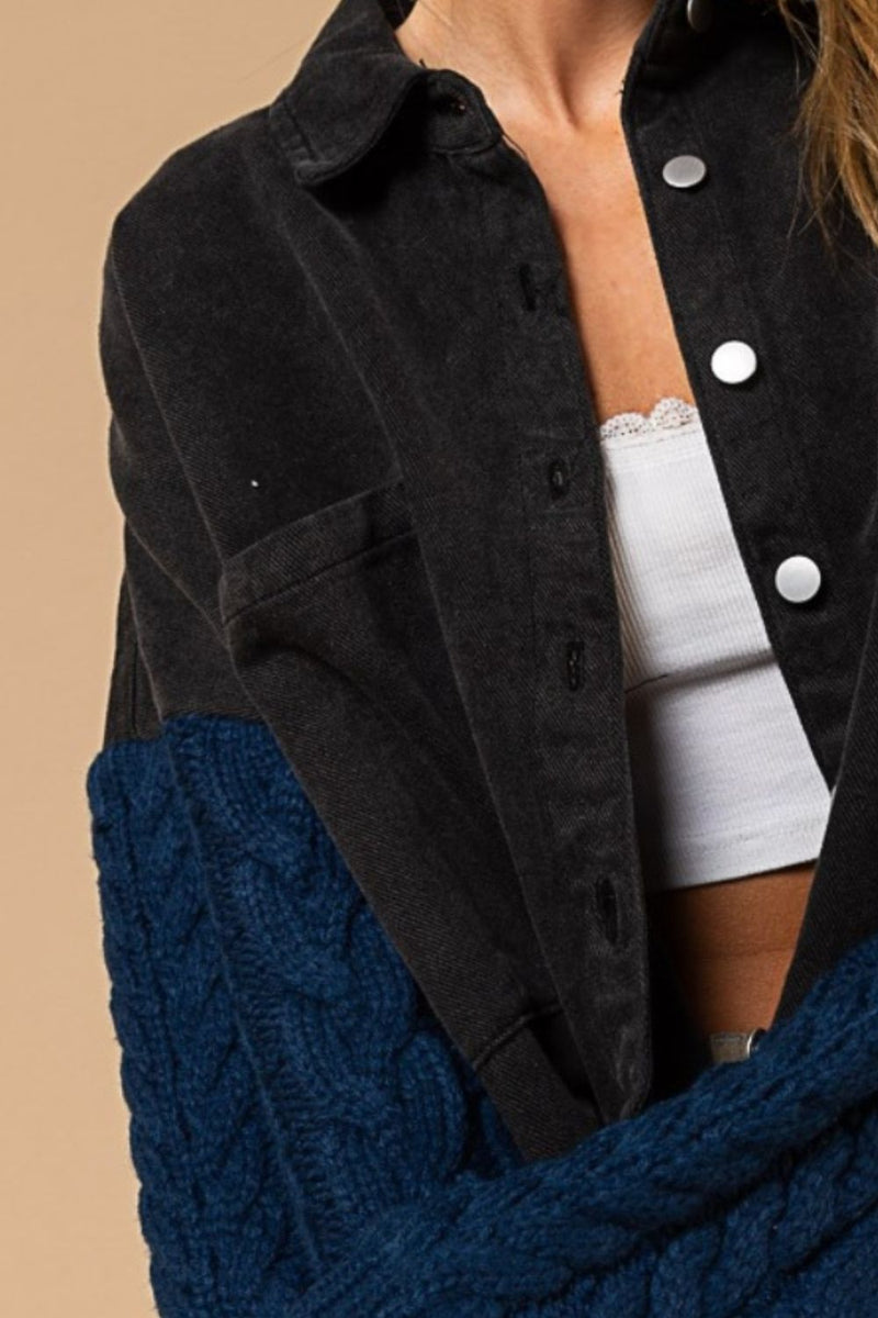 POL Contrast Sweater Sleeve Button Down Shacket - Brittney MADE