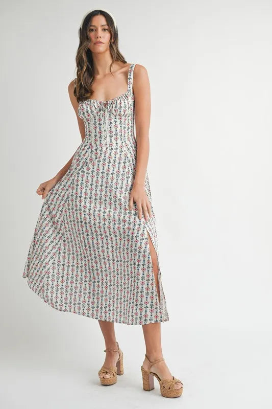 MABLE Floral Print Bustier Back Lace Up Midi Dress - Brittney MADE