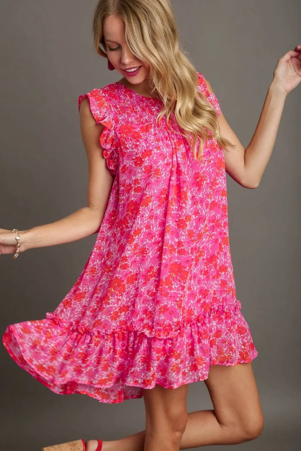 Umgee Full Size Smocked Detail Floral Metallic Ruffle Cap Sleeve Dress Plus Size - Brittney MADE