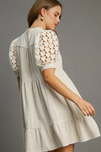 Umgee Full Size Ruffled Hem Heart Lace Sleeve Tie Neck Dress Plus Size - Brittney MADE