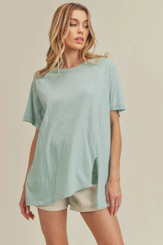 Aemi + Co Asymmetrical Front Slit Round Neck Raglan Sleeve T-Shirt - Brittney MADE