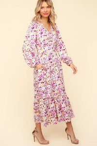 Haptics Full Size Floral V-Neck Long Sleeve Dress with Side Pockets - Brittney MADE