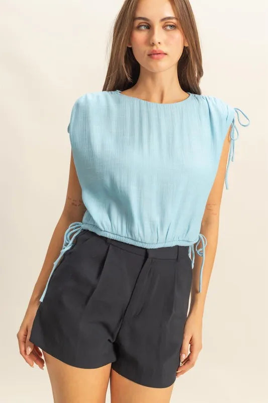 HYFVE Bubble Hem Side Tie Detail Round Neck Sleeveless Blouse - Brittney MADE