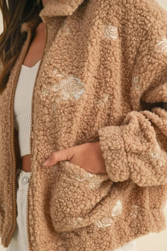 MABLE Floral Embroidered Fleece Teddy Jacket - Brittney MADE