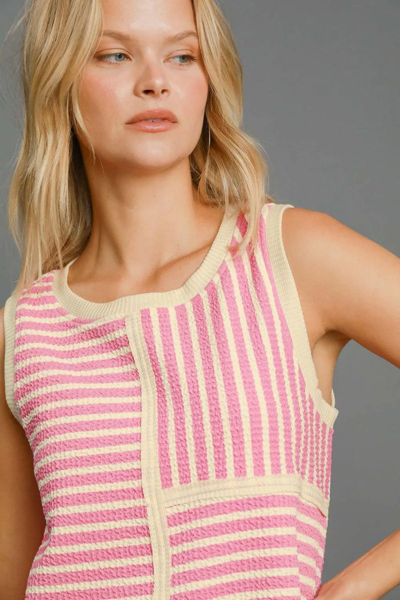 Umgee Round Neck Texture Striped Tank - Brittney MADE
