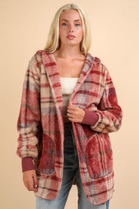 VERY J Fuzzy Plaid Long Sleeve Hooded Jacket - Brittney MADE