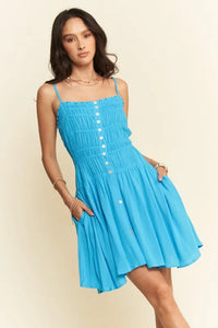Davi & Dani Smocking Bodice Sleeveless Button Down Mini Dress - Brittney MADE