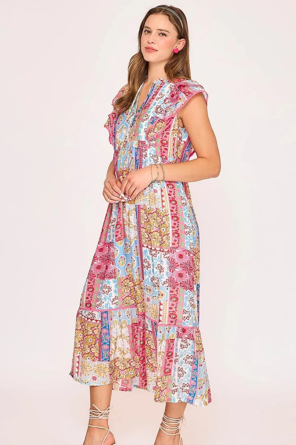 Umgee Full Size Tie Neck Double Layered Ruffle Sleeve Midi Dress Plus Size - Brittney MADE