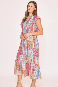 Umgee Full Size Tie Neck Double Layered Ruffle Sleeve Midi Dress Plus Size - Brittney MADE