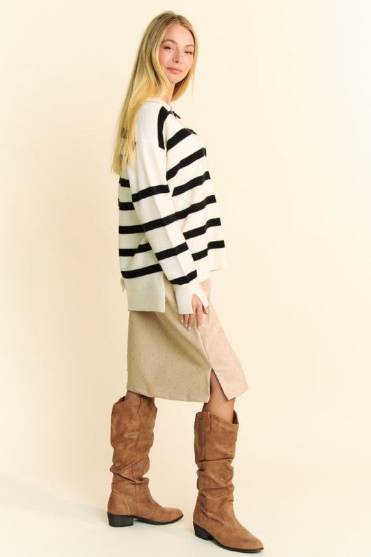 Davi & Dani High-Low Side Slit Striped Johnny Collar Sweater - Brittney MADE