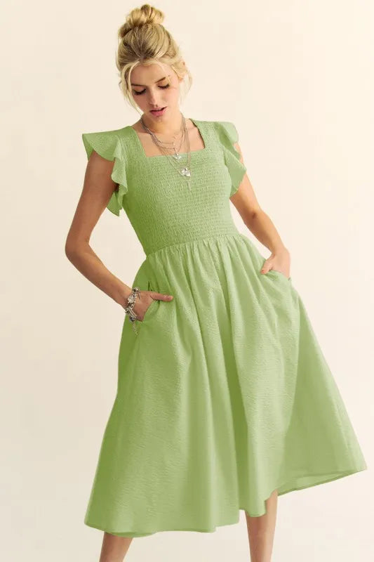 Davi & Dani Ruffled Cap Sleeve Smocked Midi Dress - Brittney MADE