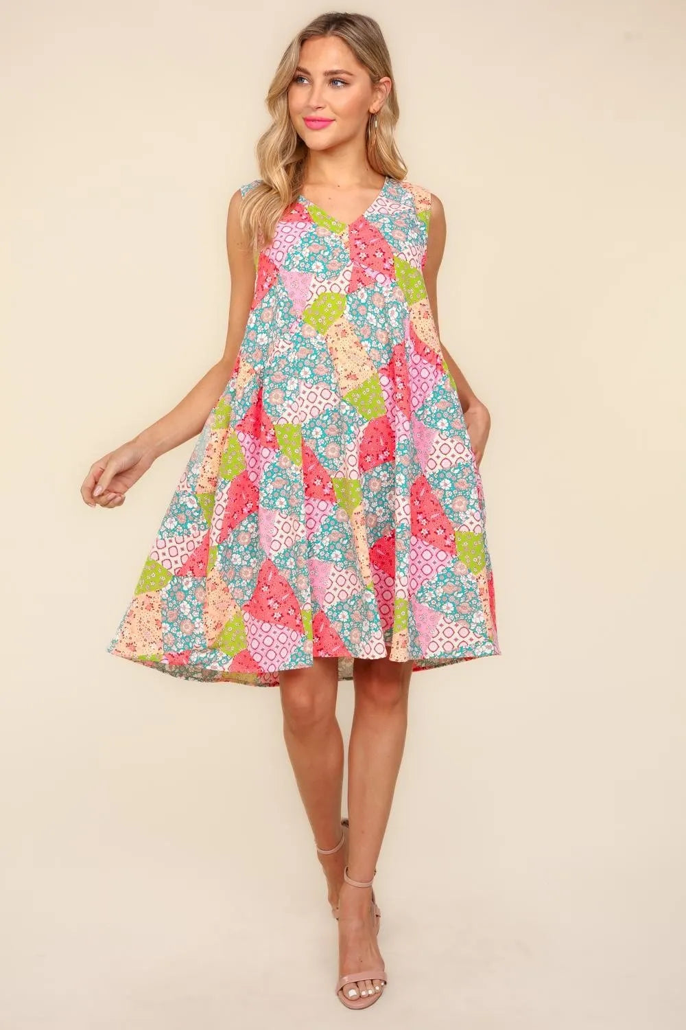 Haptics Full Size Babydoll Floral Patchwork Dress with Side Pockets - Brittney MADE
