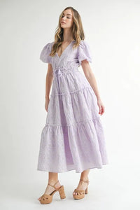 MABLE Eyelet Lace Puff Sleeve V Neck Midi Dress - Brittney MADE