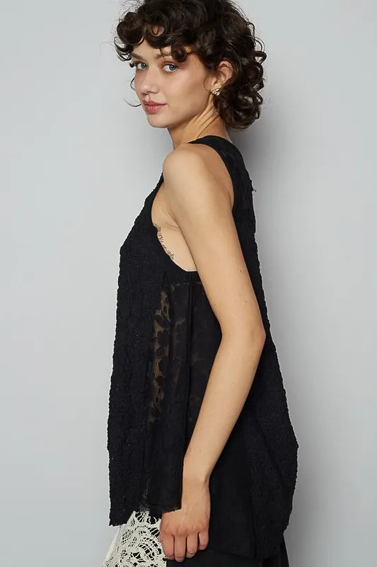 POL Crochet Lace Mix Button Detail Round Neck Tank - Brittney MADE