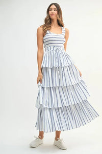 MABLE Pin Stripe Smocked Bodice Layered Midi Dress - Brittney MADE