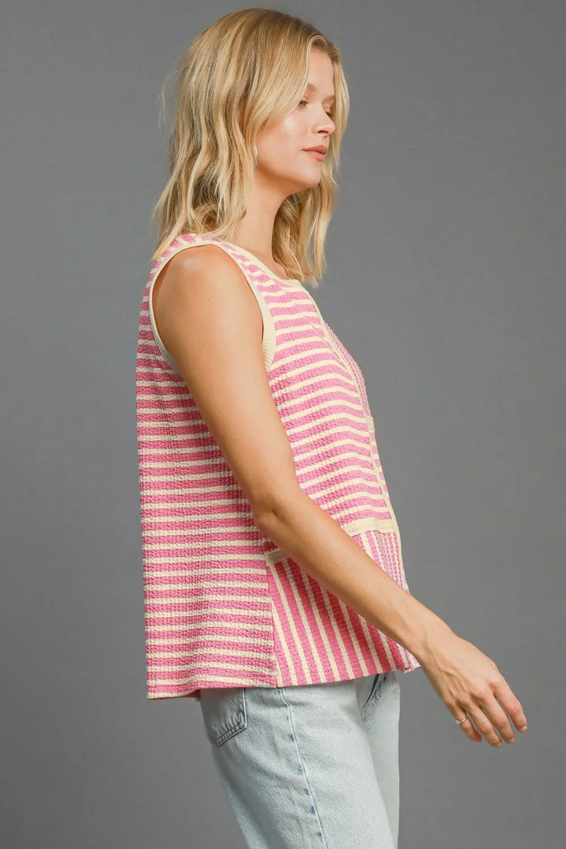 Umgee Round Neck Texture Striped Tank - Brittney MADE