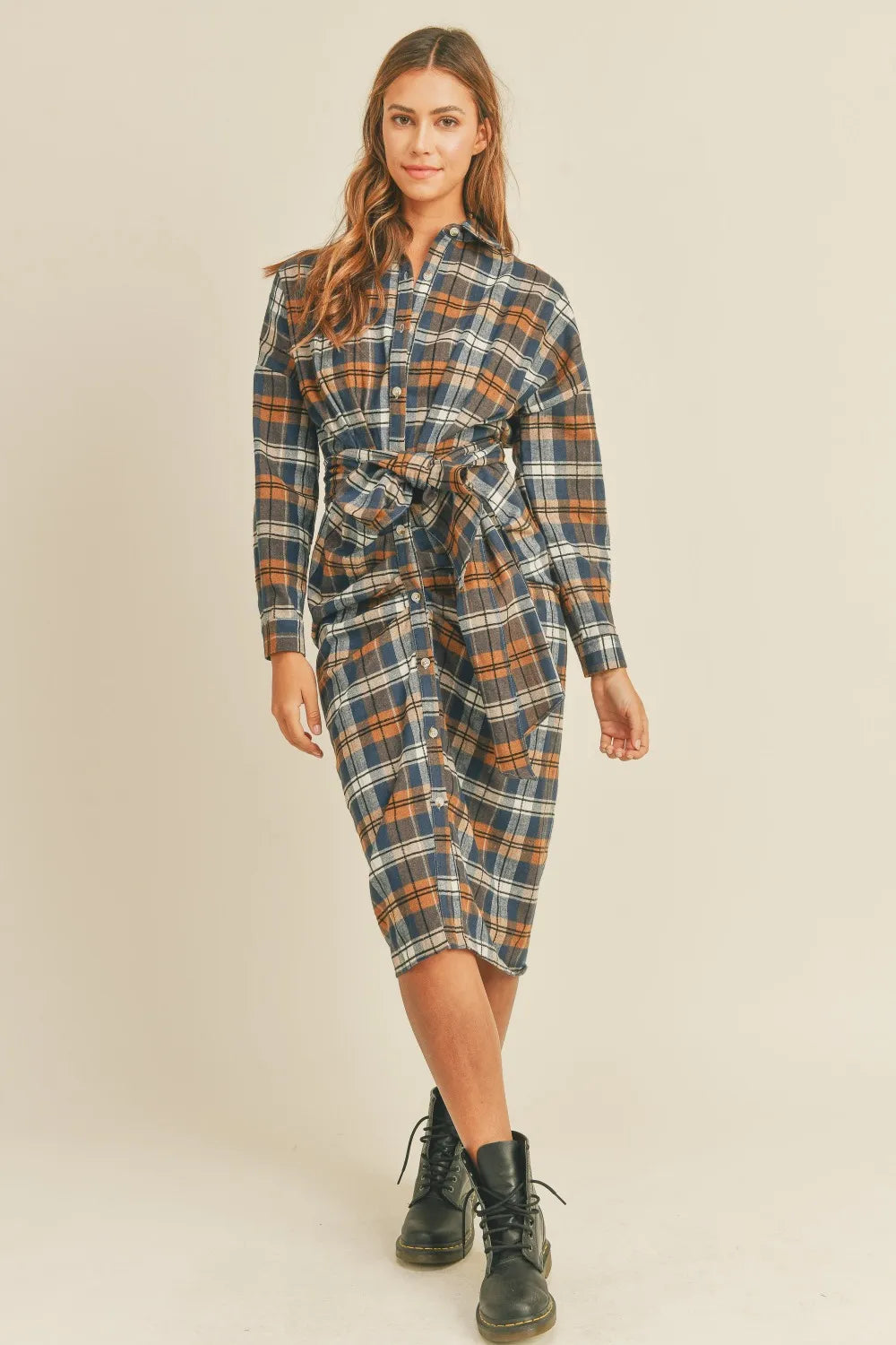 Mable Plaid Flannel Front Tie Button Down Shirt Dress - Brittney MADE