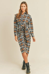Mable Plaid Flannel Front Tie Button Down Shirt Dress - Brittney MADE