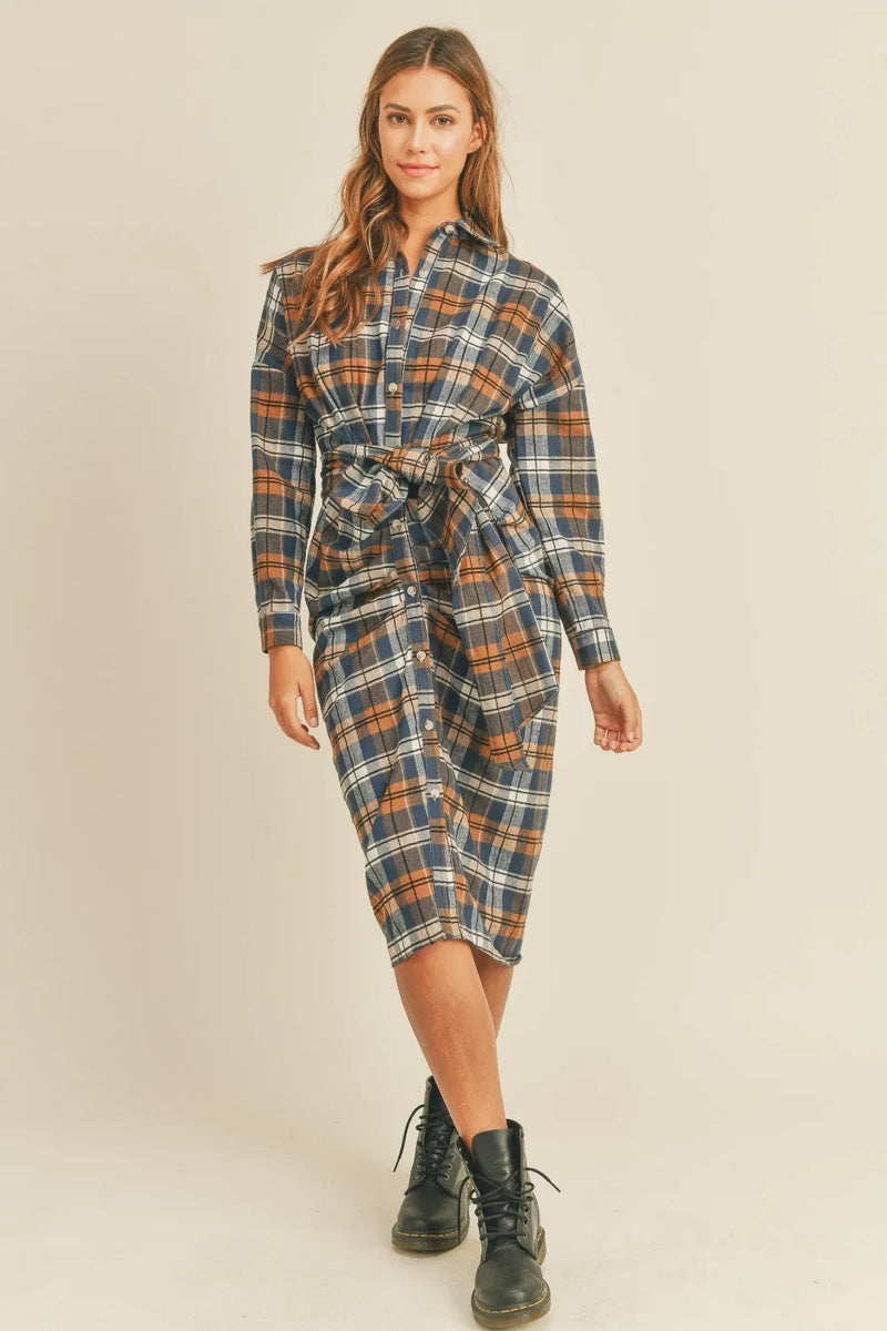 Mable Plaid Flannel Front Tie Button Down Shirt Dress - Brittney MADE