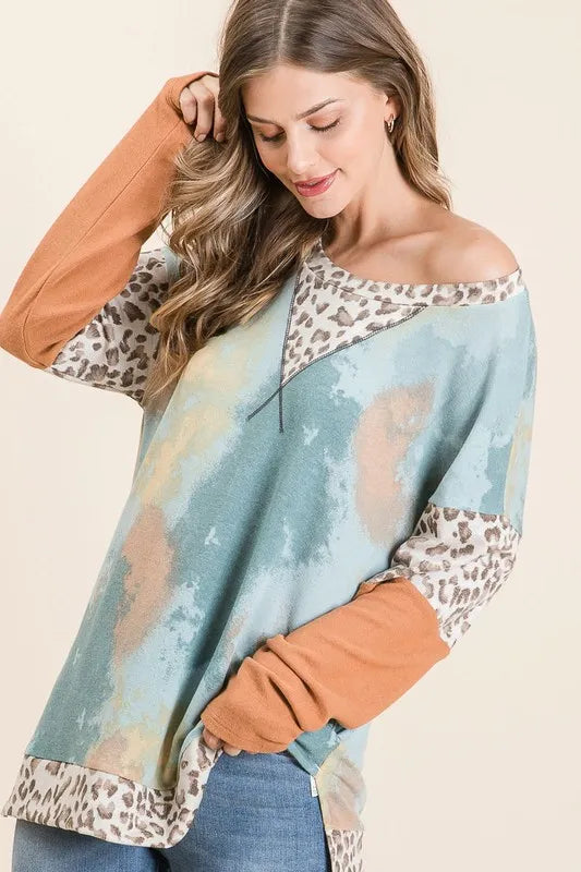 BiBi Tie-Dye Leopard Terry Round Neck Long Sleeve T-Shirt - Brittney MADE