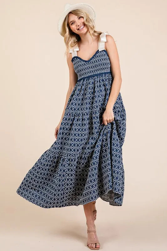 GeeGee Geometric Embroidered Smocked Tie Shoulder Midi Dress - Brittney MADE