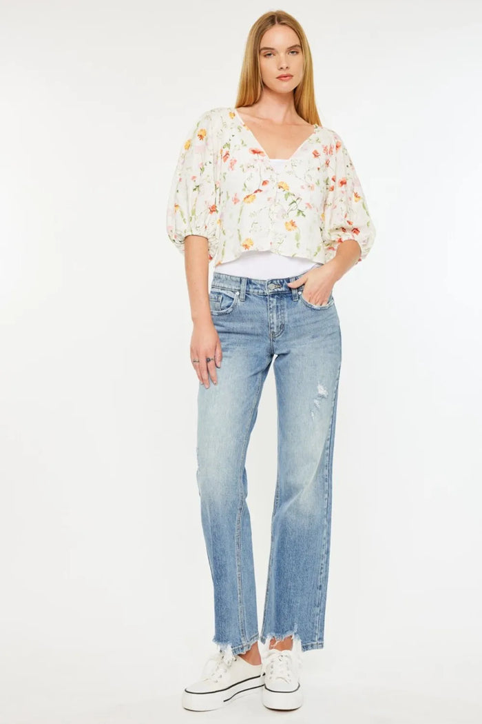 Kancan Mid Rise Frayed Hem Straight Jeans - Brittney MADE