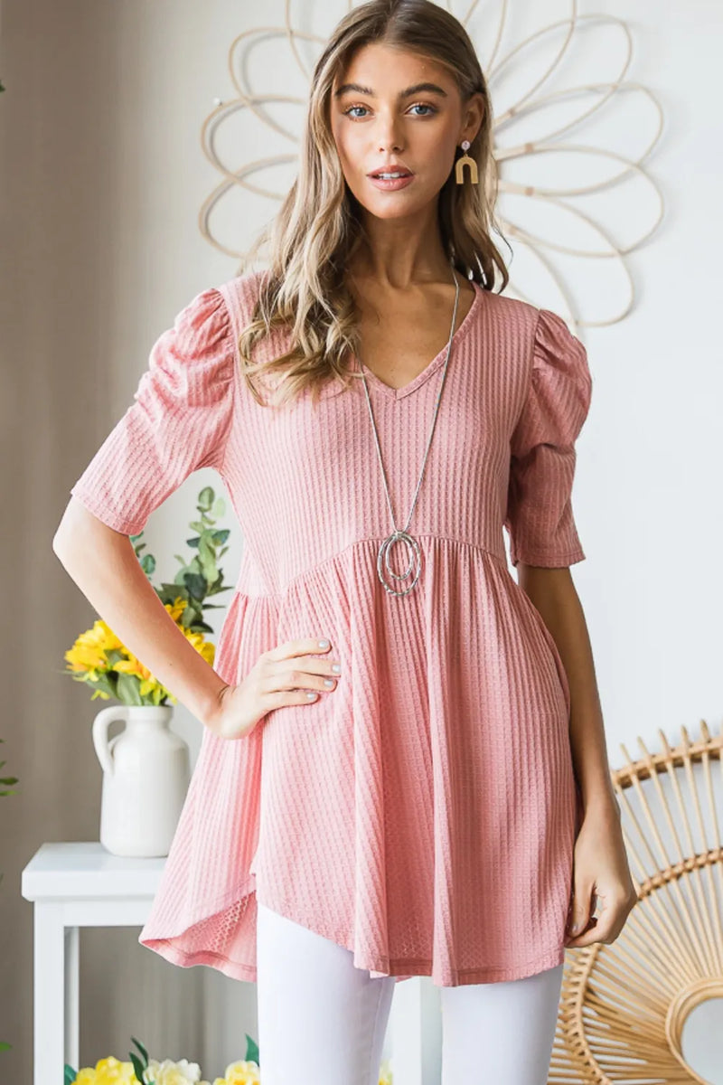 Heimish Full Size Waffle Knit V-Neck Babydoll Top - Brittney MADE