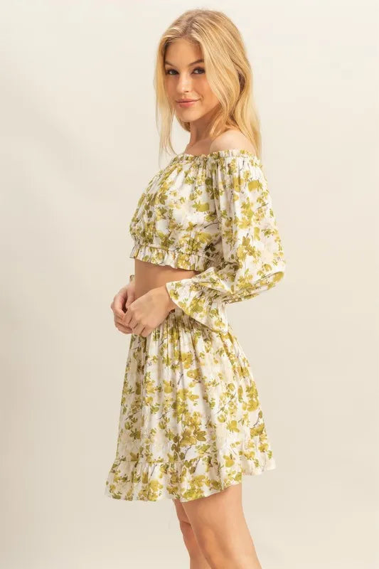 HYFVE Floral Off-Shoulder Flounce Sleeve Top and Skirt Set - Brittney MADE