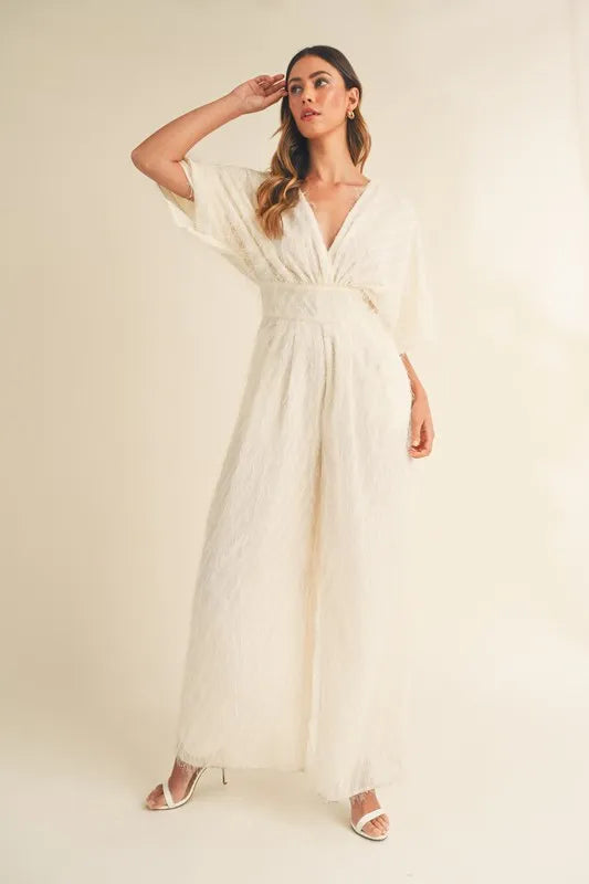 MABLE Fluffy Deep V Neck Wide Leg Jumpsuit - Brittney MADE