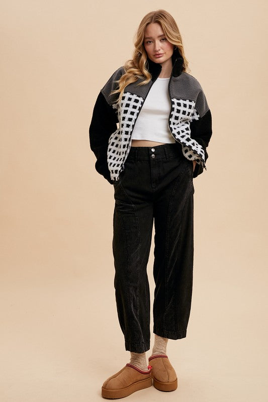 Annie Wear Plaid Zip Up Drop Shoulder Sherpa Jacket - Brittney MADE