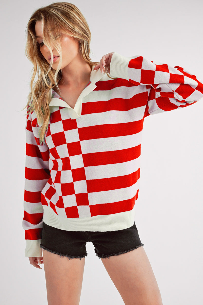 Aemi + Co Striped & Checkered Drop Shoulder Sweater - Brittney MADE